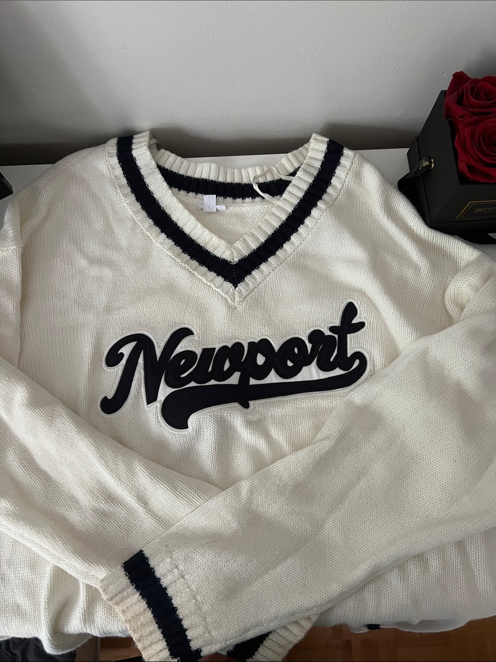 Garage Cream V-Neck Sweater with Navy Script